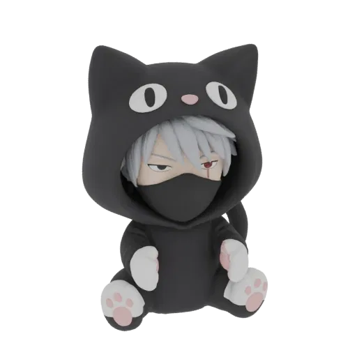 3D model of a chibi character wearing a black cat hoodie, sitting down with paws visible.