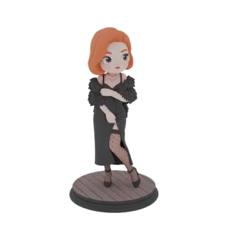 Modèle 3D d'une pin-up glamour dans une robe noire et des bas à pois, debout sur un socle en bois.
