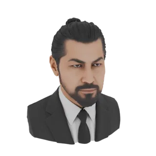 Rendu 3D d'un buste d'homme avec une coiffure chignon, une barbe, un costume et une cravate, sur fond blanc.