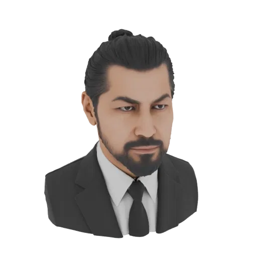 Rendu 3D d'un buste d'homme avec une coiffure chignon, une barbe, un costume et une cravate, sur fond blanc.
