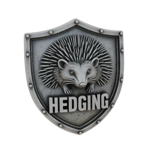 3D-Modell eines metallischen Schild-Emblems mit einem Igel und dem Wort HEDGING, mit robuster Textur und Nieten.