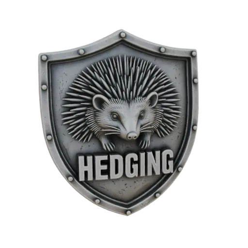 3D-Modell eines metallischen Schild-Emblems mit einem Igel und dem Wort HEDGING, mit robuster Textur und Nieten.