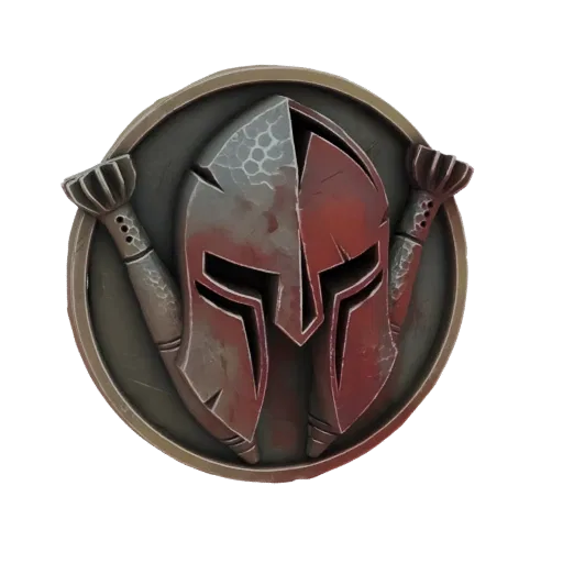 3D model of a battle-worn Spartan helmet with two bombs on either side, featuring a metallic and red distressed finish.