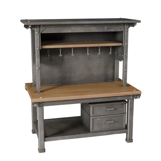 Industrial Workbench High Poly 3D model, close-up studio render, showing steel frames, stable fixtures.