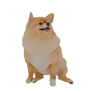 Modèle 3D d'un chien Poméranien poilu assis attentivement, avec une fourrure brun clair et des oreilles dressées.