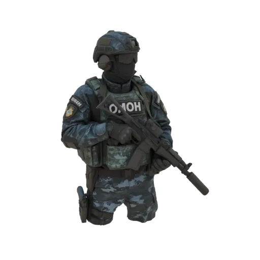 Modelo 3D de un soldado OMON ruso con chaleco táctico y casco, sosteniendo un rifle de asalto silenciado.