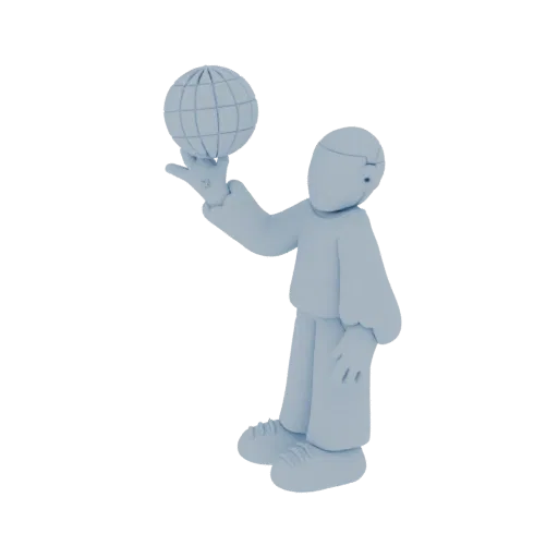 A stylized, matte blue 3D model of a human figure balancing a wireframe globe on its fingertip against a white background.