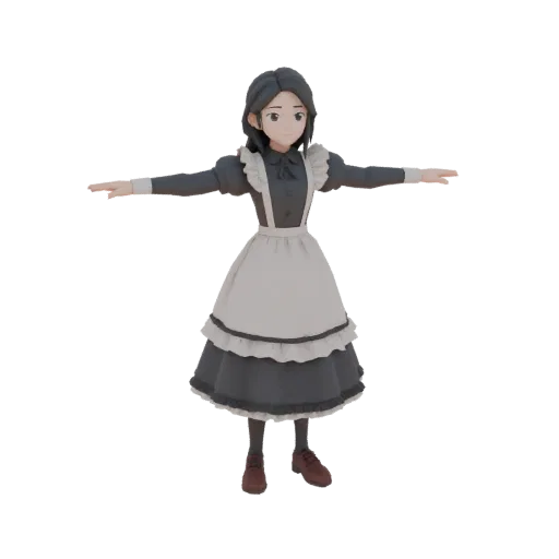 3D model of a young Victorian maid girl with dark hair, wearing a ruffled apron over a dark dress, in an A-pose.