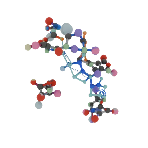 Organic Protein Chain 3D model, side profile view, technical viewport render, showing colored spheres, molecule layout.