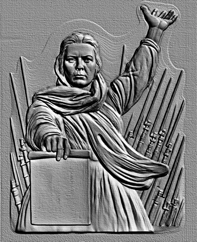 3D model of a woman bas-relief with raised hand and scroll, against stylized spears.