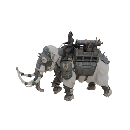 3D model of a white, armored mammoth with a cannon on its back and a rider, facing left.