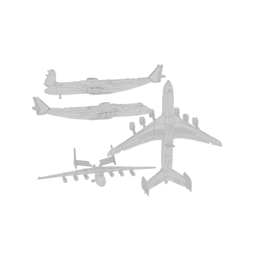 3D model render of a collection of different airliners, including large passenger jets and cargo planes, presented in a wiref