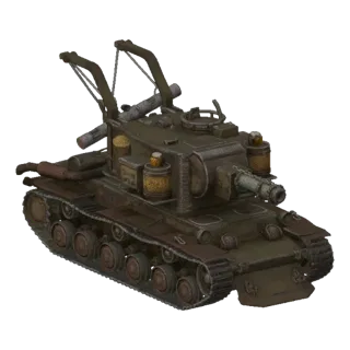 3D model of a WWI-era armored tow truck with a winch and towing boom, rendered with a weathered, metallic finish.
