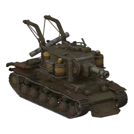 3D model of a WWI-era armored tow truck with a winch and towing boom, rendered with a weathered, metallic finish.