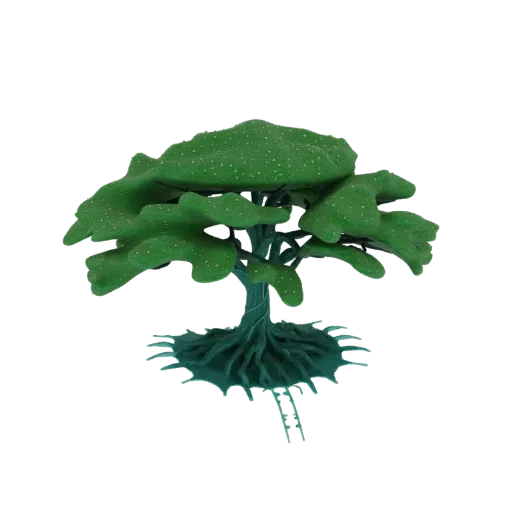 3D model of a stylized green fantasy tree with a dense canopy, intricate roots, and a small ladder integrated into its base.