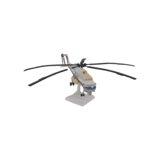 Modelo 3D de un helicóptero de carga pesada Mi-26 Halo sobre un soporte de exhibición, visto desde el frente-derecho.