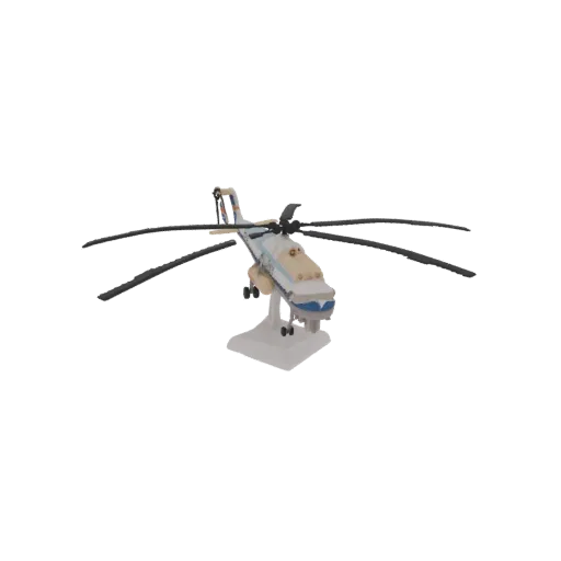 Modelo 3D de un helicóptero de carga pesada Mi-26 Halo sobre un soporte de exhibición, visto desde el frente-derecho.