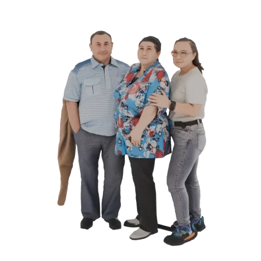 Modelo 3D de retrato de família com homem, mulher e mulher mais jovem em pé juntos, com a mulher do meio sendo abraçada.