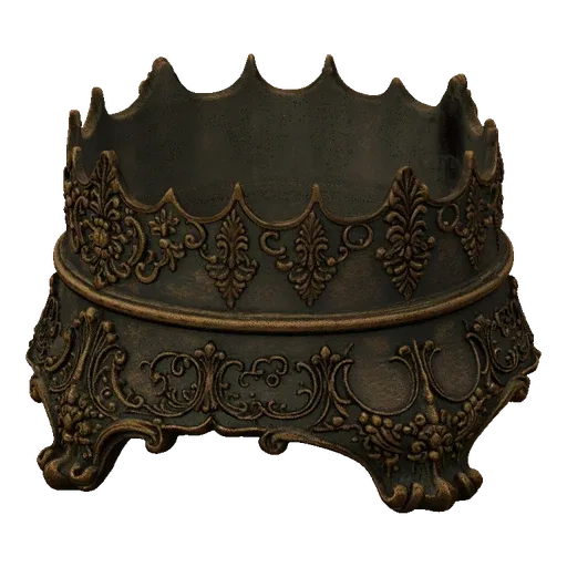 3D model of an ornate, crown-shaped decorative bowl with intricate filigree and an antique bronze finish, set against a black