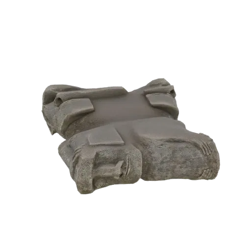 3D model of an ancient stone guardian statue with weathered textures and a watchful pose, set against a white background.