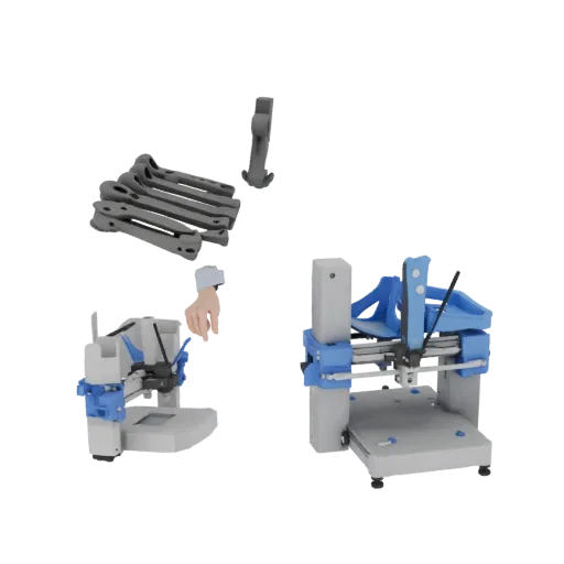 3D-Modell einer 3D-Scan- und 3D-Druck-Einheit, die den Prozess des Scannens und Druckens von Teilen zeigt.