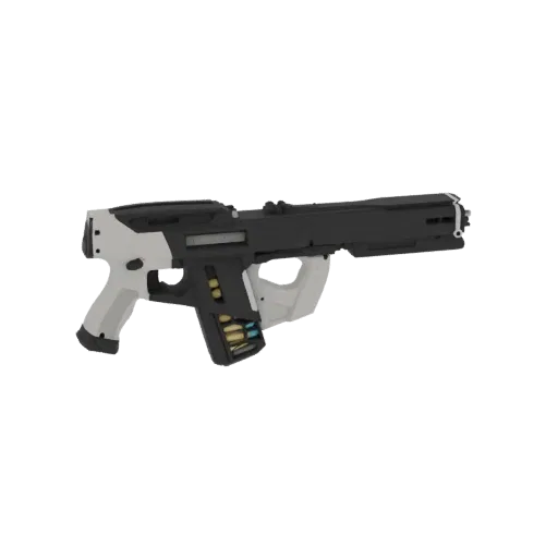 Modelo 3D de um rifle bullpup futurista com acabamento em preto e branco, apresentando um carregador integrado com munição vi