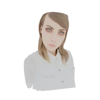 3D model of an AI-generated woman with blonde hair, blue eyes, and a white collared shirt, looking forward with a gentle expr