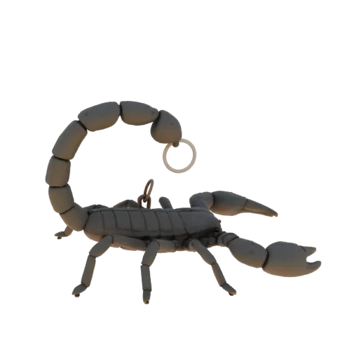 3D-Modell eines grauen Skorpion-Schlüsselanhängers mit Befestigungsring, auf schwarzem Hintergrund