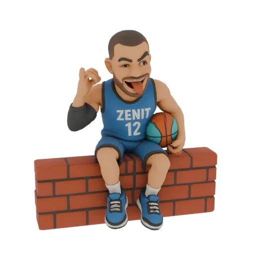 3D model of a cartoon basketball player in a blue Zenit jersey, sitting on a brick wall and holding a basketball.