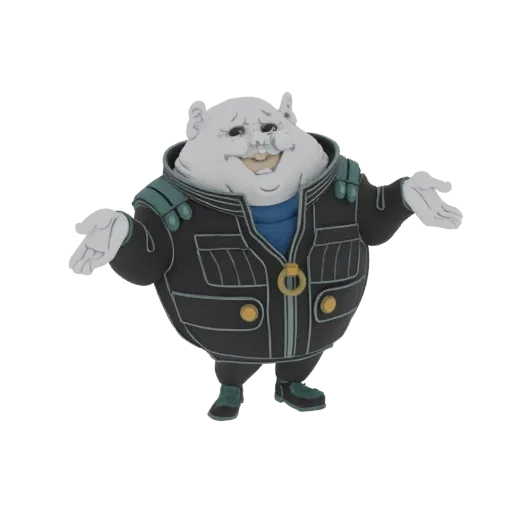 3D model of a chubby, white alien commander wearing a black uniform with teal accents and a gold zipper, with arms outstretch