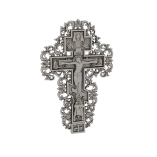 3D-Modell eines verzierten orthodoxen Ostkirchenkreuzes mit Jesus Christus, detaillierter Filigranarbeit und religiöser Ikono