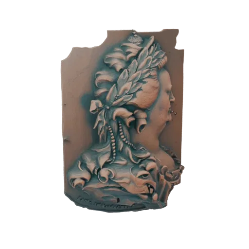 3D model of an empress bust relief, profile view, wearing a laurel wreath and pearls.
