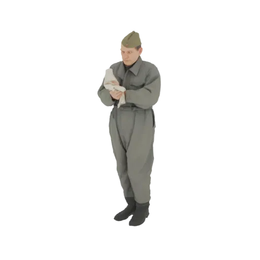 3D model of a Soviet soldier in uniform, standing and holding a white cloth in his hands.