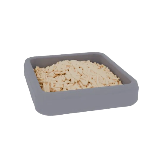 3D model of a rectangular gray tray filled with light-colored granular litter, on a white background.