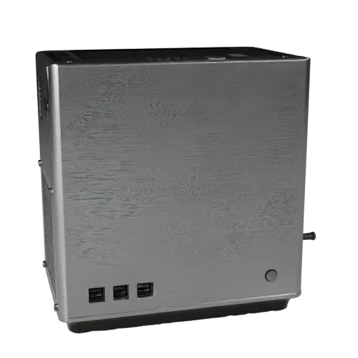Stainless Smart Speaker 3D model, home interior, three-quarter front view, Unreal Engine viewport, plastic detail.