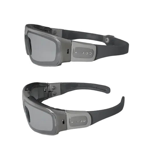 Luxury Smart Glasses 3D model, three-quarter front view, Unity viewport, showing silicone, wearable fit.