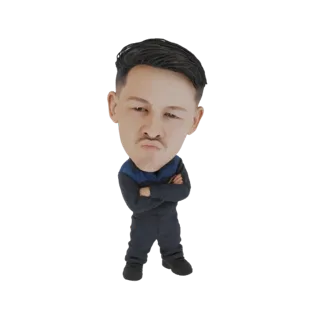 3D model of a grumpy mechanic with a large head, arms crossed, wearing a dark blue jumpsuit.