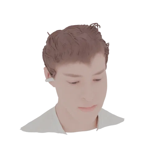 3D model render of a young man with short brown hair wearing white earbuds and a white shirt, looking down.