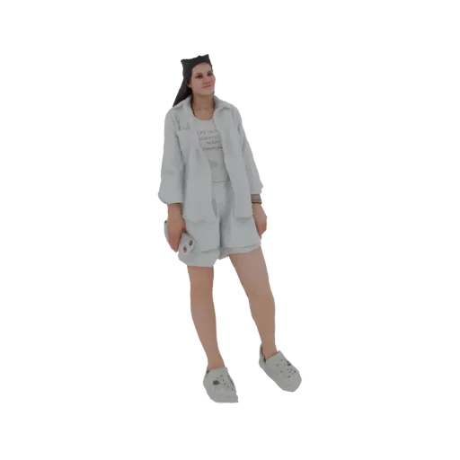 3D model of a woman in a light-colored casual outfit, including a jacket, shorts, and sneakers, holding a smartphone.