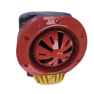 Modèle 3D d'une sirène industrielle rouge et or avec une grille rouge proéminente et une base dorée, sur fond blanc.
