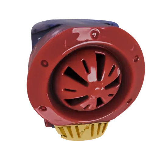 Modello 3D di una sirena industriale rossa e oro con una prominente griglia rossa e base dorata, su sfondo bianco.