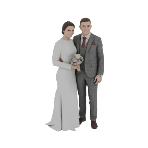 3D model of a wedding couple, bride in white dress, groom in grey suit, holding a bouquet.