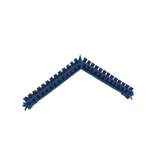 A 3D model of a dark blue, angled roof ridge tile with raised ridges, set against a white background.