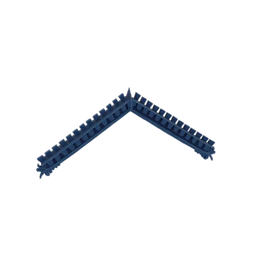 A 3D model of a dark blue, angled roof ridge tile with raised ridges, set against a white background.