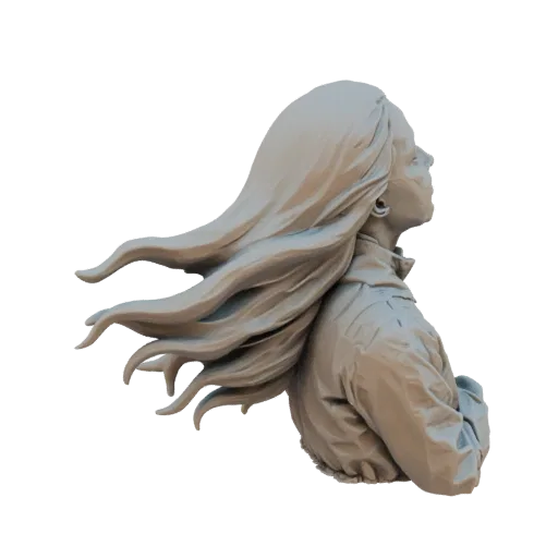 3D model render of a woman's bust with long hair dramatically swept by the wind, viewed from the side.
