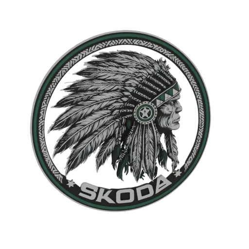 3D model of a Native American chief emblem with a detailed feather headdress and 'SKODA' text in a circular frame.