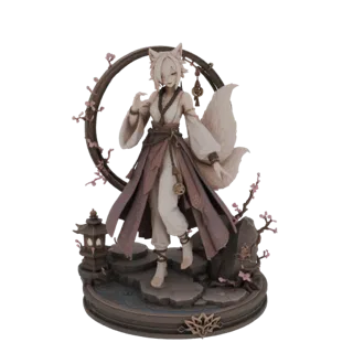 3D-Modell eines Kitsune Schrein-Mädchens mit mehreren Schwänzen, in traditionellen Roben, auf einer Diorama-Basis mit Laterne