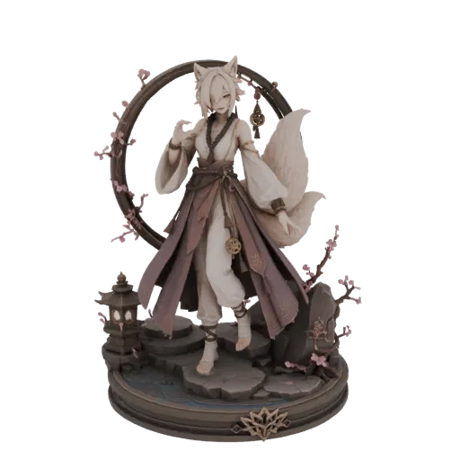 Modelo 3D de uma Sacerdotisa Kitsune com múltiplas caudas, vestindo trajes tradicionais, em pé sobre uma base de diorama com
