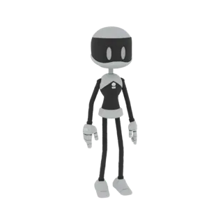 Un rendu complet d'un robot stylisé et monochrome debout sur un fond blanc. Le robot a une tête arrondie avec des yeux ovales