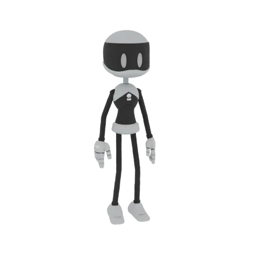 A full-body render of a stylized, monochrome robot character standing upright against a white background. The robot has a rou